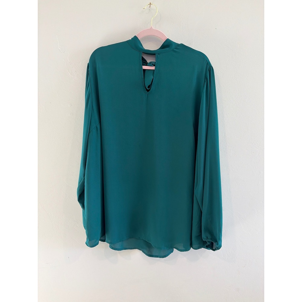 Torrid Womens 4 Dark Teal Green Tie Neck Keyhole Georgette Blouse Long Sleeve